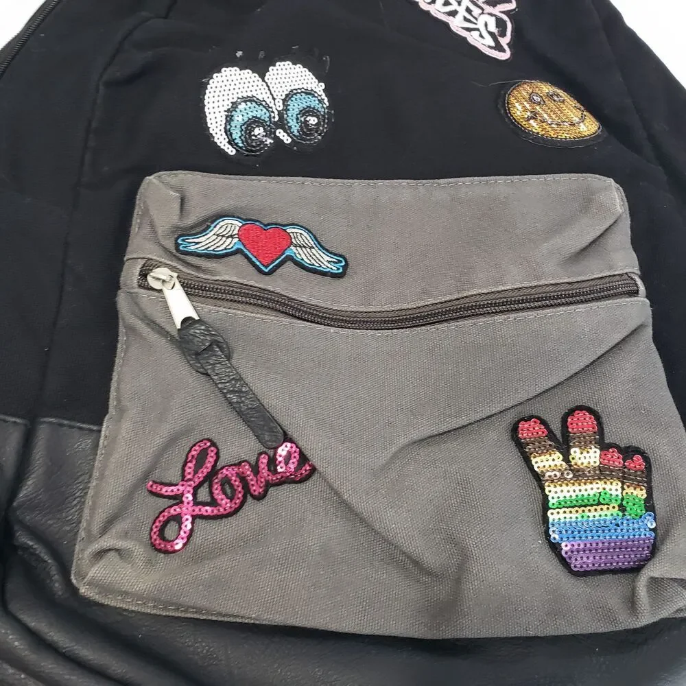 Black and Grey Fun Backpack with Decor, Approx. 17 x 12 x 6